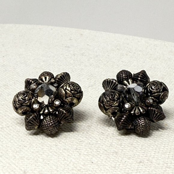 Vintage Bead Cluster‎ Earrings Silver Gray Clip-On Retro Dark Classic - Picture 2 of 8